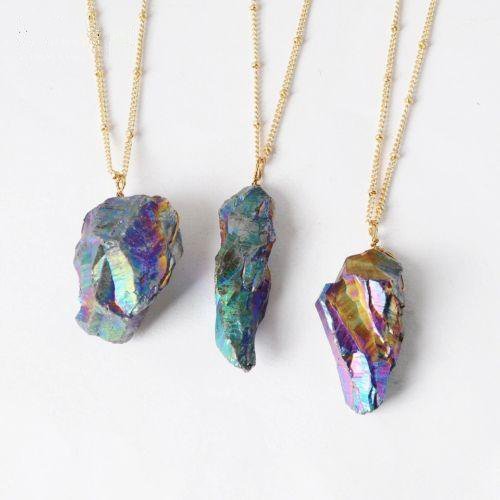 Rough Peacock Ore Crystal Pendulum Gold Necklace - Egret Jewellery