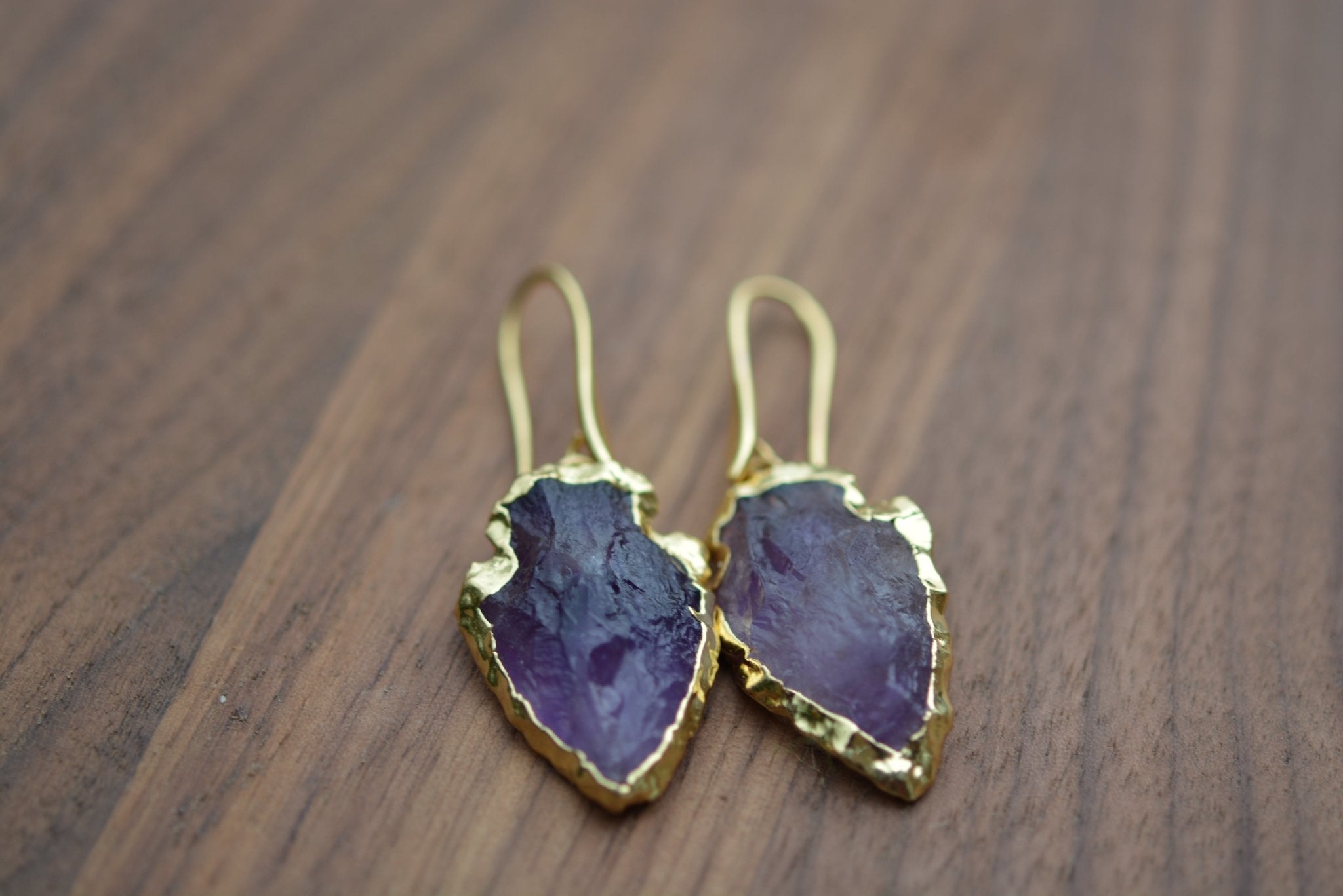 Rough Purple Amethyst Gold Boho Druzy Arrowhead Geode Earrings - Egret Jewellery