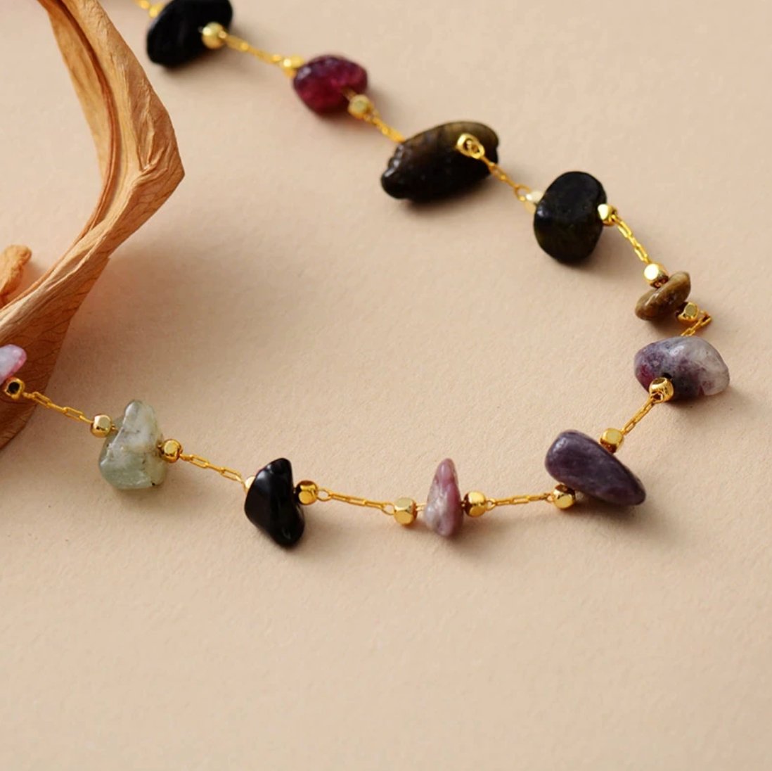Rough Tourmaline Gold Beaded Choker | Necklace - Egret Jewellery