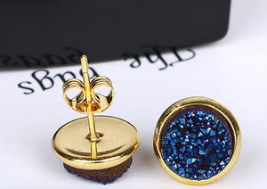 Gold Round Sapphire Navy Blue Druzy Stud Earrings - Egret Jewellery