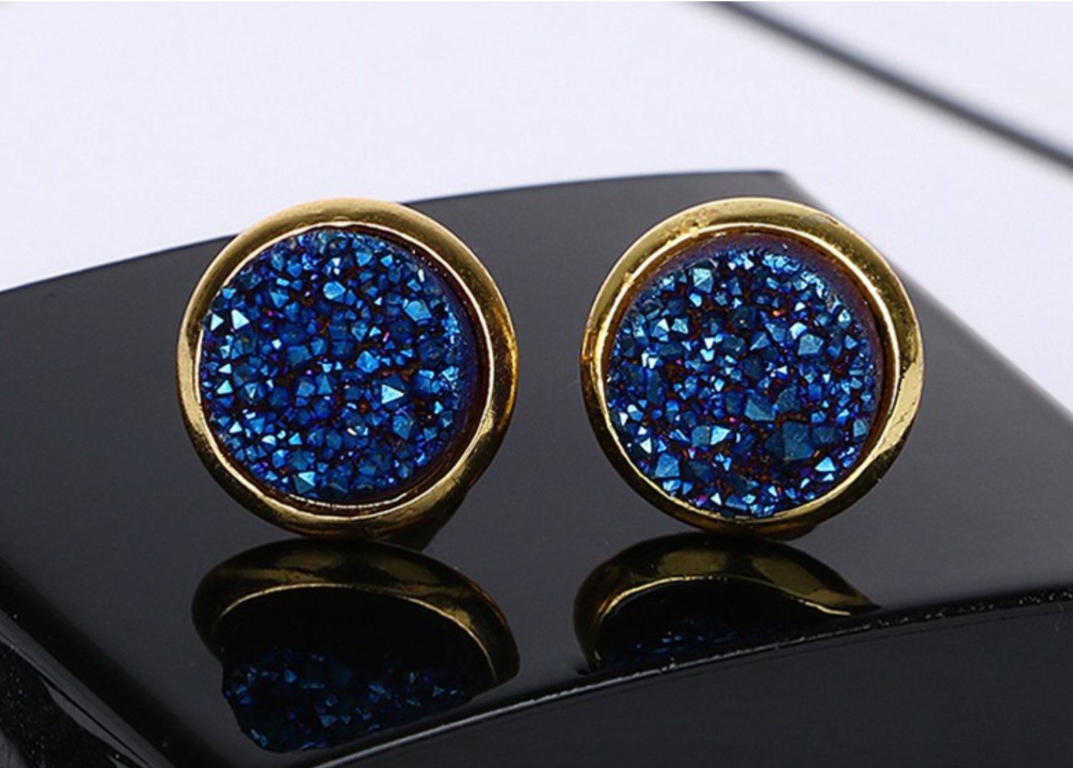 Gold Round Sapphire Navy Blue Druzy Stud Earrings - Egret Jewellery