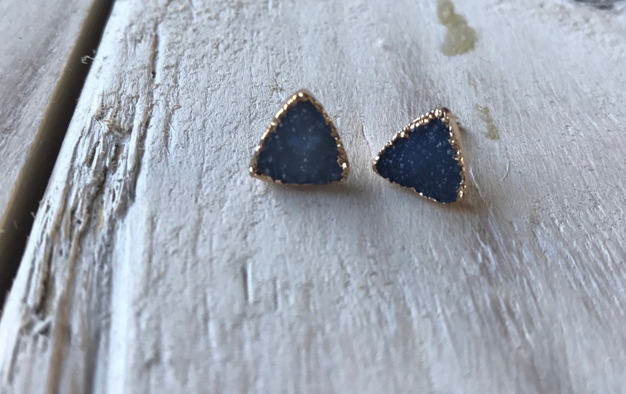 Gold Natural Triangle Sapphire Navy Blue Druzy Stud Earrings - Egret Jewellery