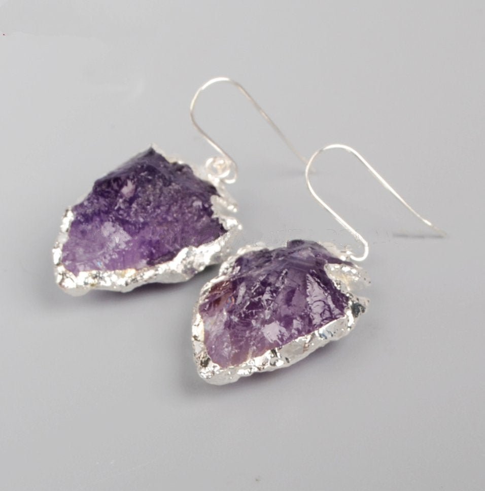 Natural Rough Raw Amethyst Earrings Silver Boho Druzy Geode Arrowhead Purple - Egret Jewellery