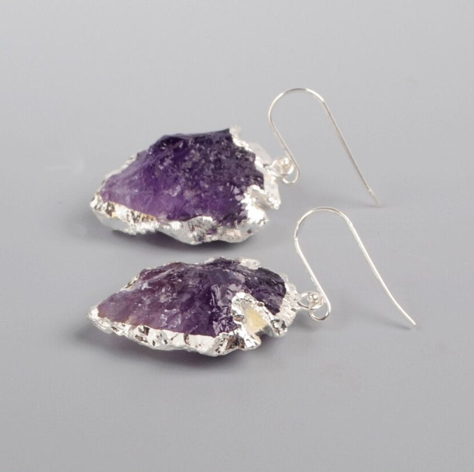 Natural Rough Raw Amethyst Earrings Silver Boho Druzy Geode Arrowhead Purple - Egret Jewellery