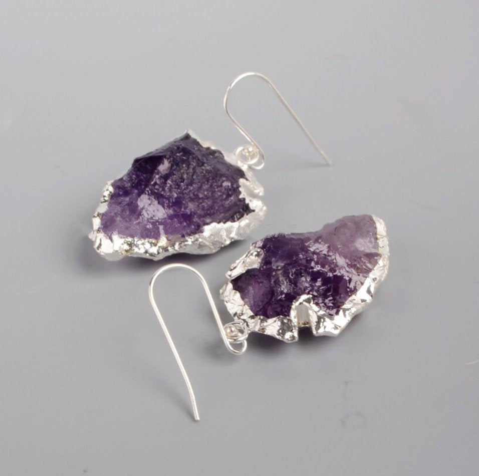 Natural Rough Raw Amethyst Earrings Silver Boho Druzy Geode Arrowhead Purple - Egret Jewellery