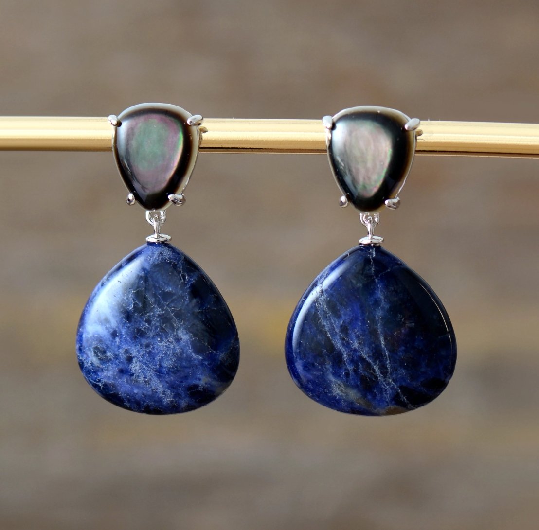 Silver Grey Shell & Sodalite Dangle Earrings - Egret Jewellery