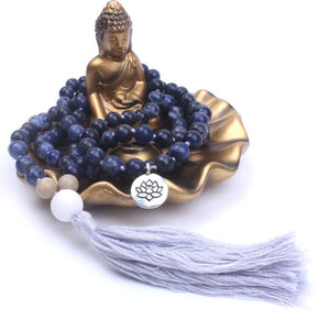 Blue Natural Sodalite Beaded Mala Lotus Tassel Necklace - Egret Jewellery