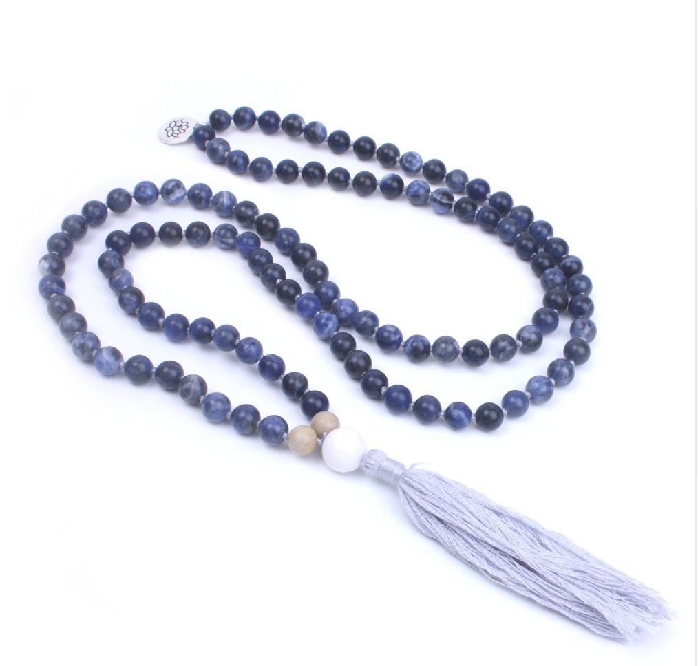 Blue Natural Sodalite Beaded Mala Lotus Tassel Necklace - Egret Jewellery