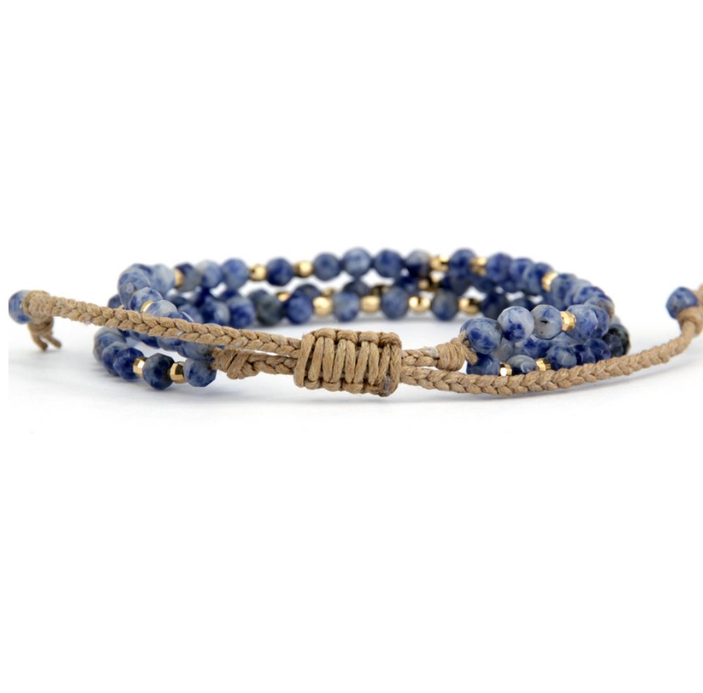 Beaded Cord Triple Wrap FRIENDSHIP Stackable BRACELET  Blue Sodalite - Egret Jewellery