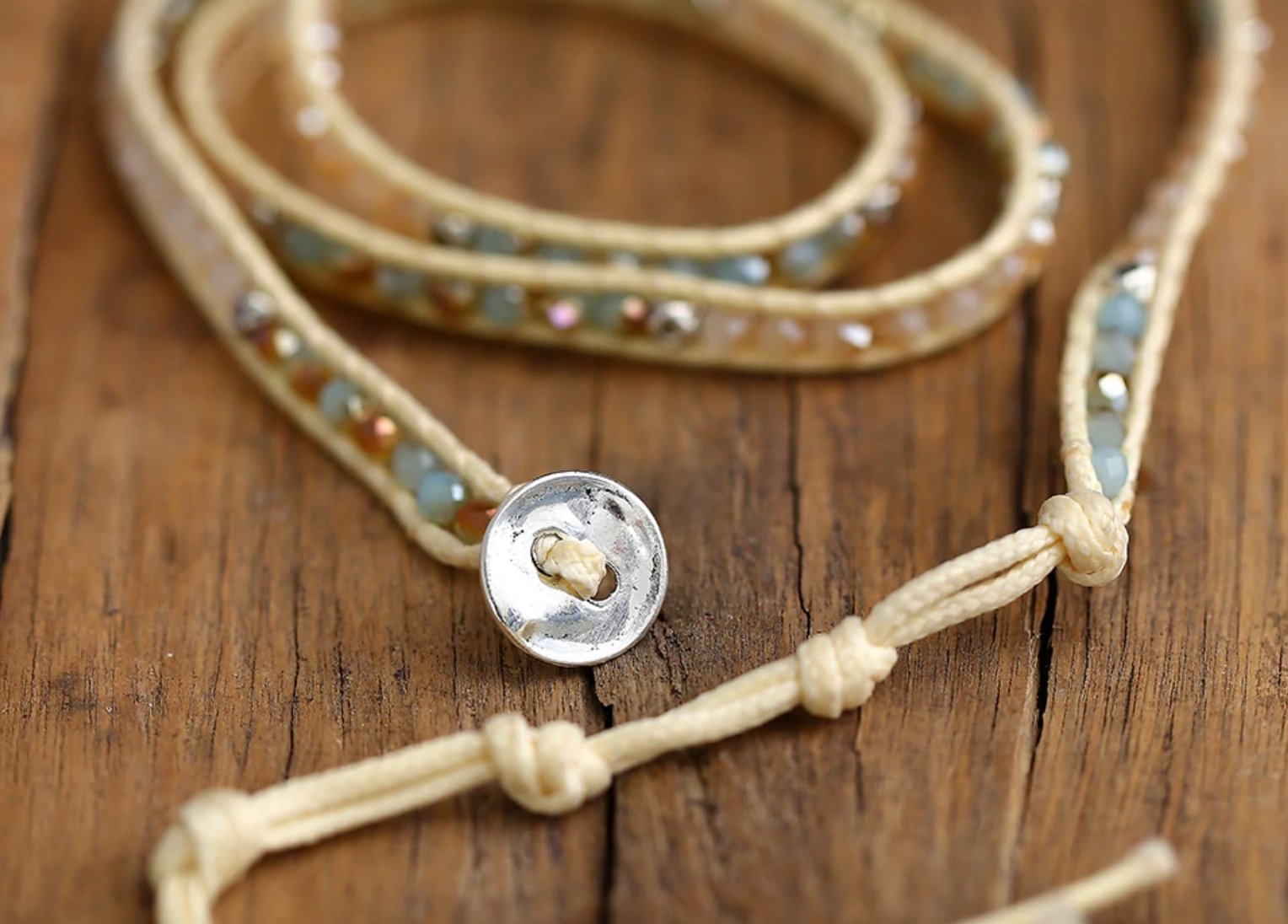 Square cut Tila beaded Vegan Cord Wrap Bracelet - Egret Jewellery