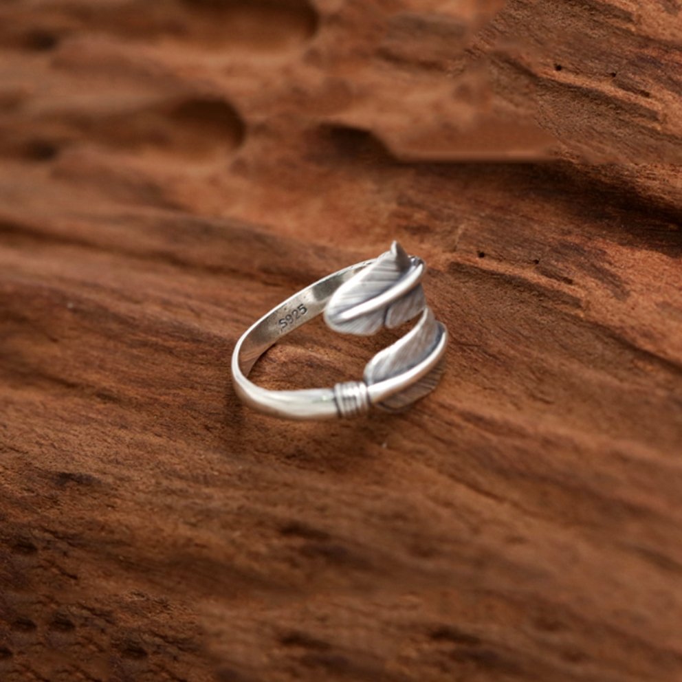 Sterling Silver Adjustable Wrap Feather Ring - Egret Jewellery