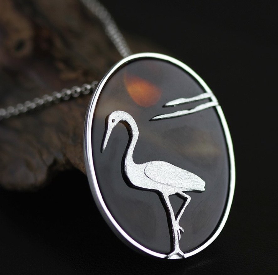 Sterling Silver Natural Agate Egret Pendant Necklace - Egret Jewellery