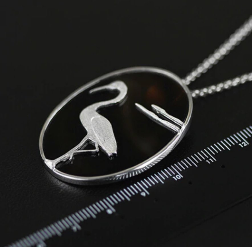 Sterling Silver Natural Agate Egret Pendant Necklace - Egret Jewellery