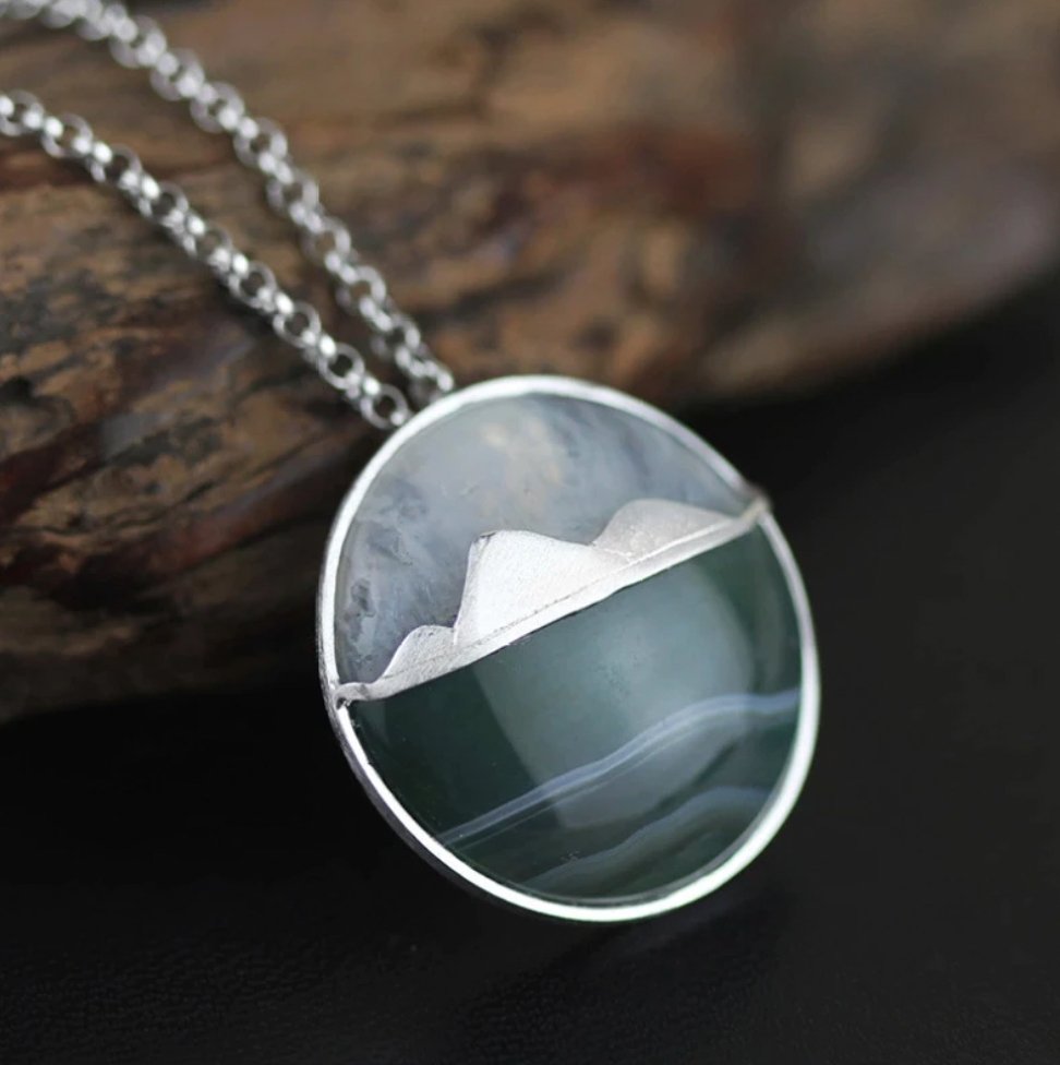 925 Sterling Silver Agate Landscape Mountain Sea Pendant Necklace - Egret Jewellery