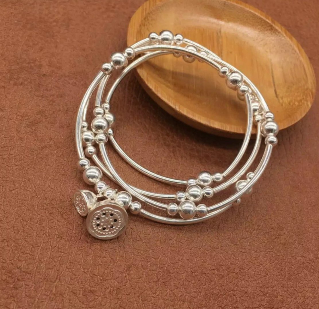 925 Sterling Silver Beaded Cuff | Wrap Bracelet Adjustable Elastic Flower Bangle - Egret Jewellery