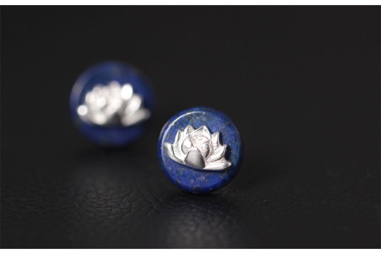 Sterling Silver Natural Blue Lapis Lazuli Lotus Flower Stud Earrings - Egret Jewellery