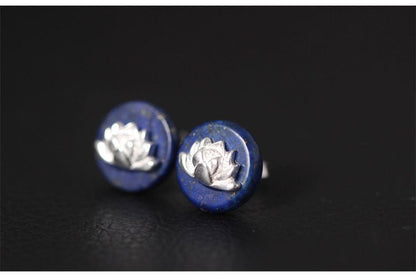 Sterling Silver Natural Blue Lapis Lazuli Lotus Flower Stud Earrings - Egret Jewellery