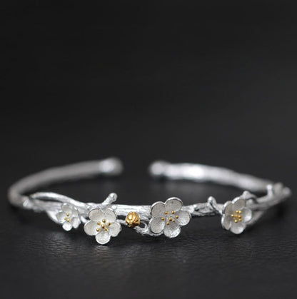 925 Sterling Silver Cherry Blossom Cuff Bracelet - Egret Jewellery