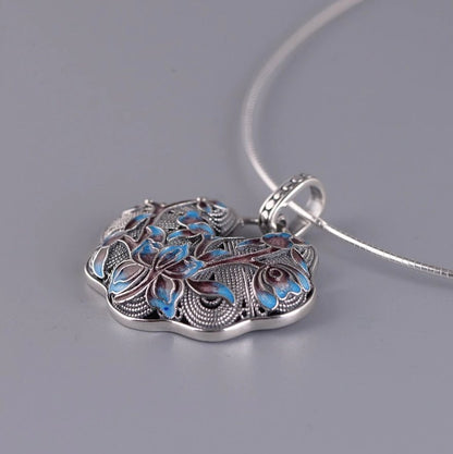 Large Sterling Silver 925 Enamel Lotus Flower Pendant Necklace 16" Choker Blue - Egret Jewellery