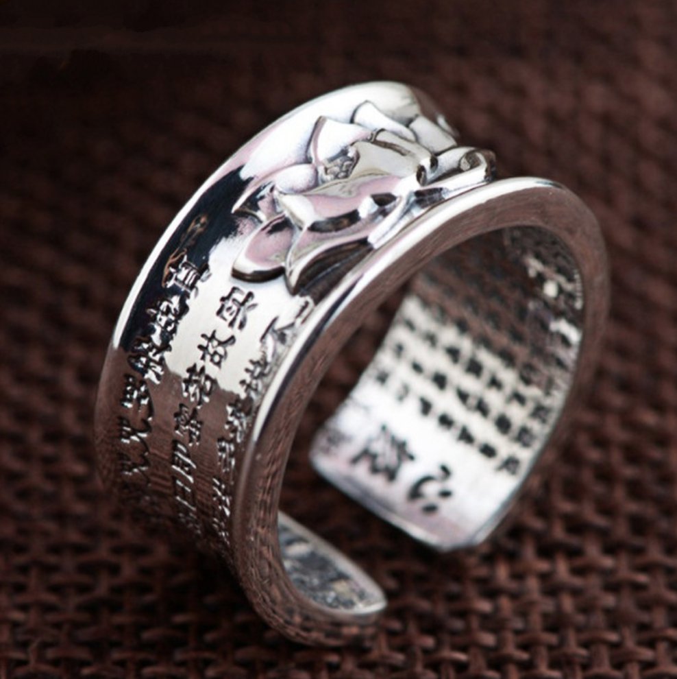 Sterling Silver Engraved Sutra Buddhist Mantra Lotus Ring - Egret Jewellery