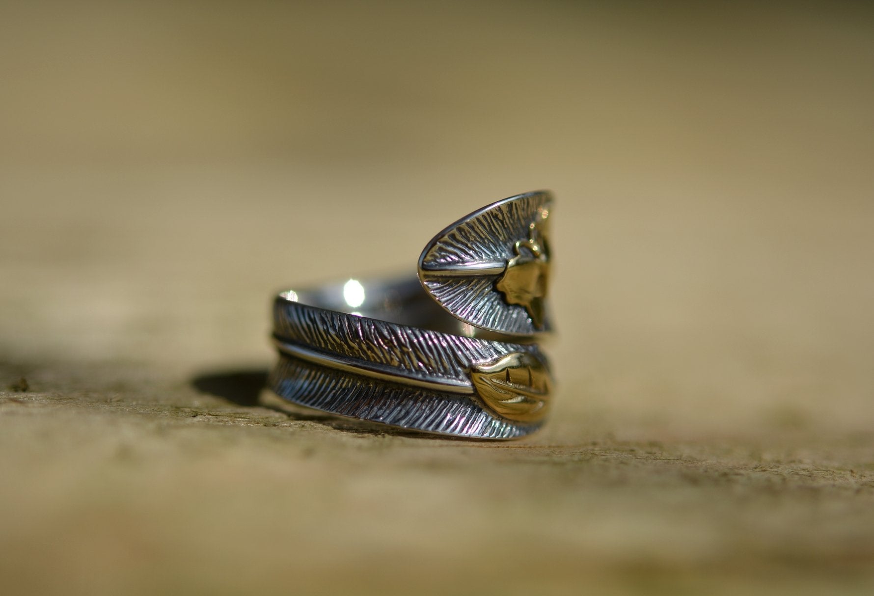 925 Sterling Silver Feather Ring Butterfly, Leaf Gold Statement - Egret Jewellery