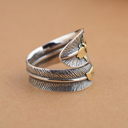 925 Sterling Silver Feather Ring Butterfly, Leaf Gold Statement - Egret Jewellery