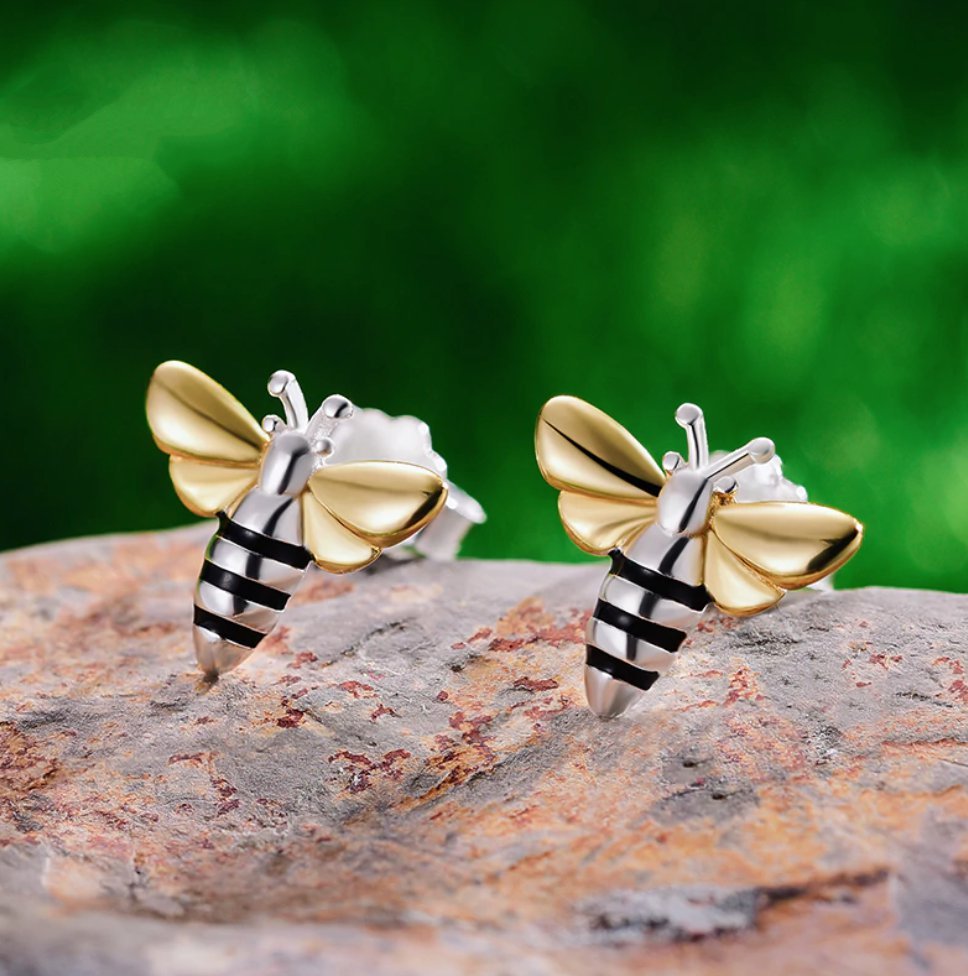 Sterling Silver | Gold Bumble Bee Stud Earrings Delicate Small Solid 925 - Egret Jewellery