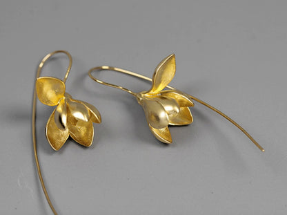 Solid 925 Sterling Silver Gold dipped Lily | Lotus Flower drop Hoop Earrings - Egret Jewellery