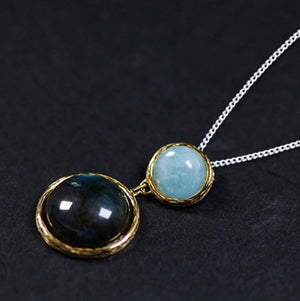 Sterling Silver | Gold Labradorite | Amazonite Circle Necklace Pendant - Egret Jewellery