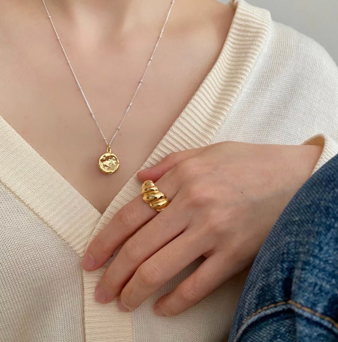 Sterling silver irregular shaped gold geometric disc necklace with ring by Egret Jewellery
