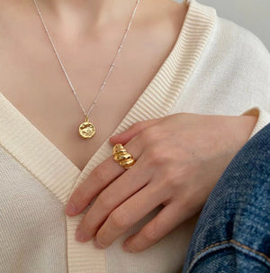 Sterling silver irregular shaped gold geometric disc necklace with ring by Egret Jewellery