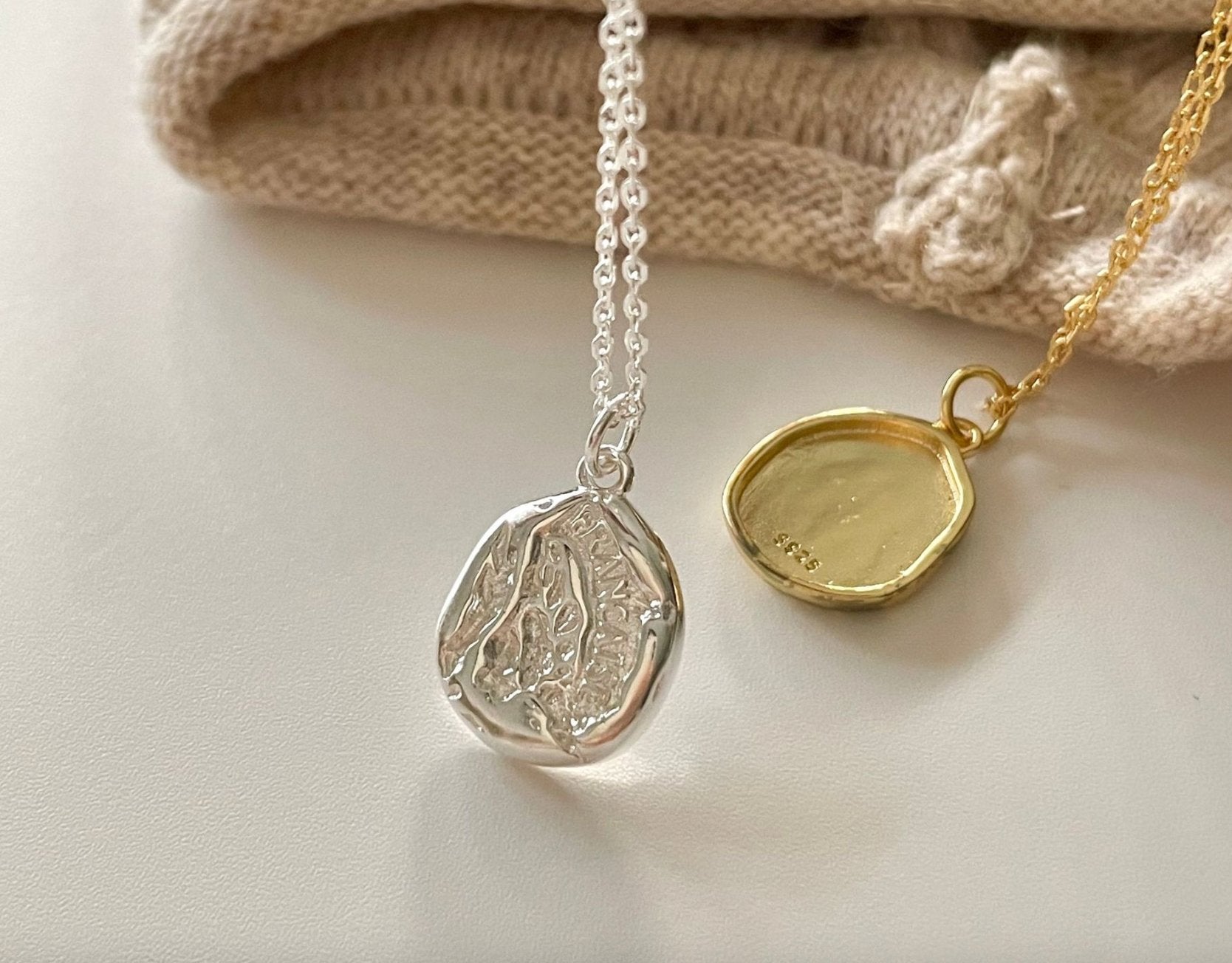 Sterling Silver Irregular Shaped, Gold Geometric Disc Francaise Necklace - Egret Jewellery