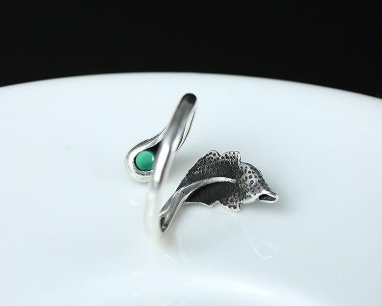 Boho 925 Sterling Silver Jade Oak Leaf Adjustable Stacking Ring - Egret Jewellery