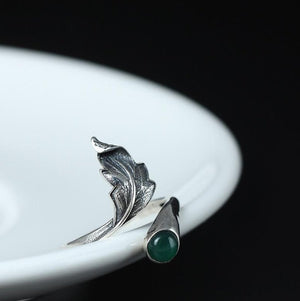 Boho 925 Sterling Silver Jade Oak Leaf Adjustable Stacking Ring - Egret Jewellery