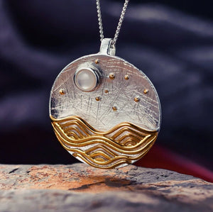 925 Sterling Silver Landscape Moon Sea Stars Pendant Gold Necklace Moonstone - Egret Jewellery