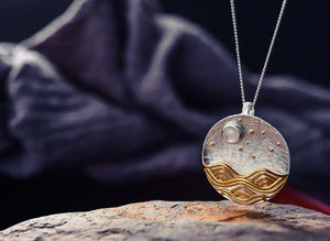 925 Sterling Silver Landscape Moon Sea Stars Pendant Gold Necklace Moonstone - Egret Jewellery