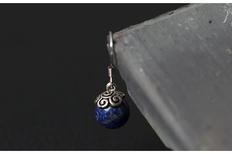 Sterling Silver Natural Blue Lapis Lazuli Round Dangle Earrings - Egret Jewellery