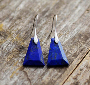 Sterling Silver Natural Lapis Lazuli Triangle Dangle Drop Blue Earrings - Egret Jewellery