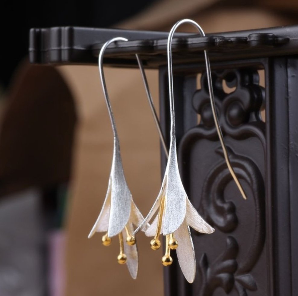 Sterling Silver Lily | Bell Flower Gold Dipped Hoop Drop Earrings - Egret Jewellery