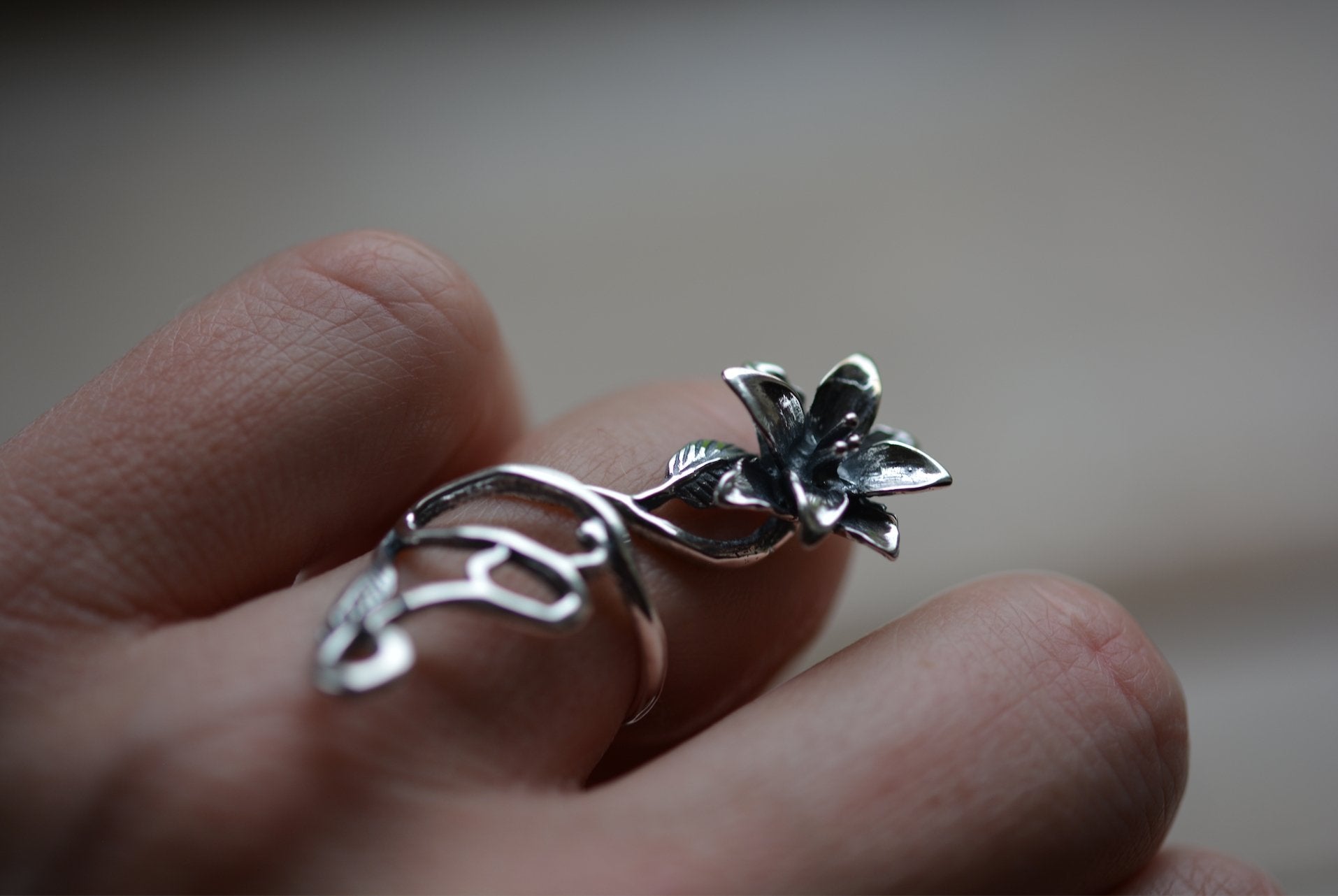 Sterling Silver Lily Flower | Leaf Wrap Ring - Egret Jewellery
