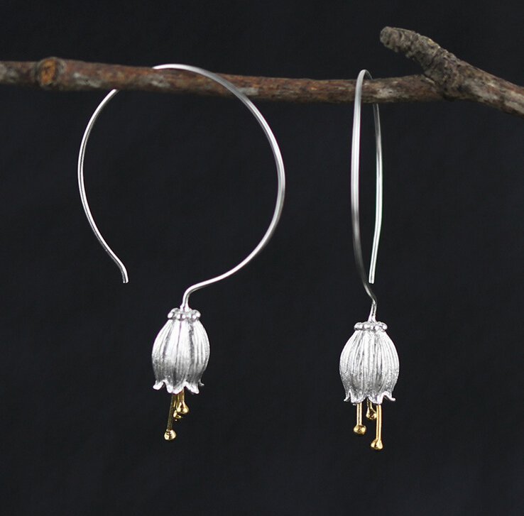 925 Sterling Silver Lily Flower Gold-Dipped Drop | Hoop Earrings - Egret Jewellery