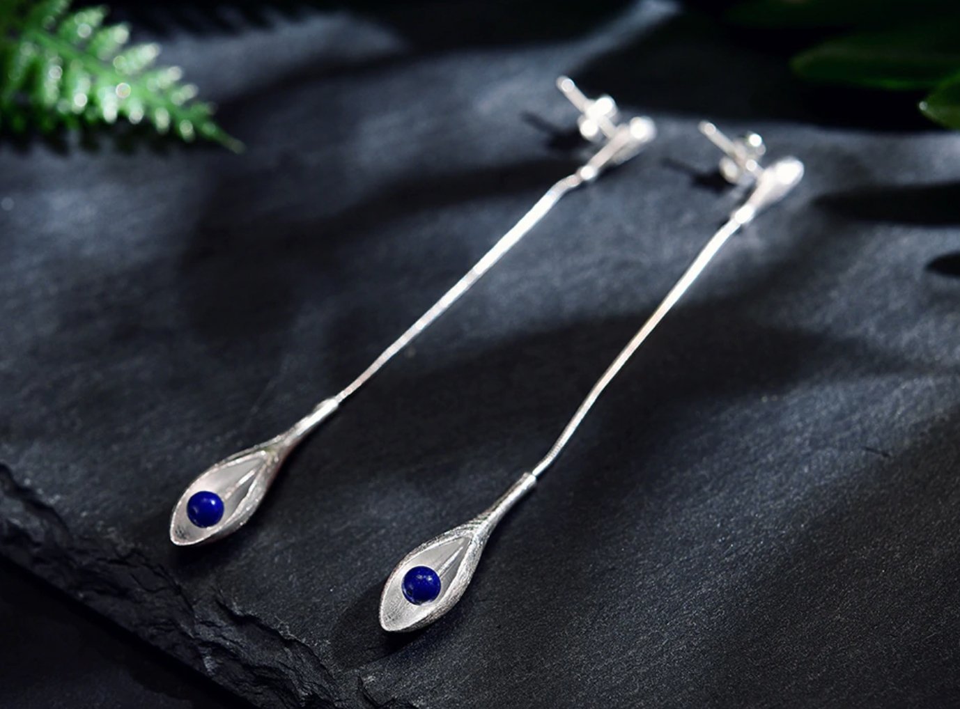 Long Solid 925 Sterling Silver Lily Flower Lapis Lazuli Drop Dangle Earrings - Egret Jewellery