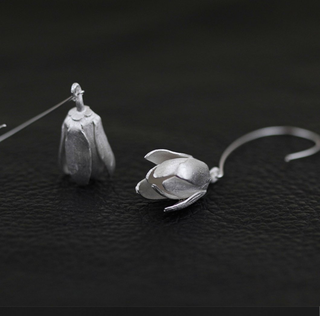 Solid 925 Sterling Silver Large Lily | Lotus Flower drop Hoop Earrings - Egret Jewellery