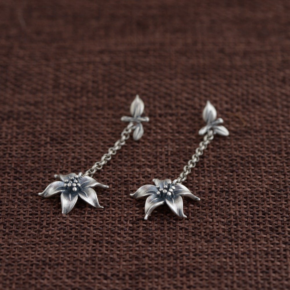 Long 925 Sterling Silver Open Lotus Flower Drop Earrings - Egret Jewellery