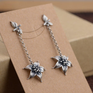 Long 925 Sterling Silver Open Lotus Flower Drop Earrings - Egret Jewellery