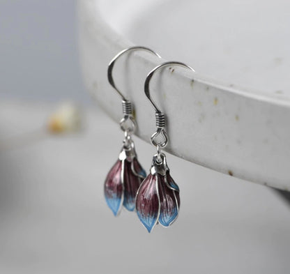 Sterling Silver Lotus Flower Enamel Drop Hook Earrings Dangle Boho Purple - Egret Jewellery