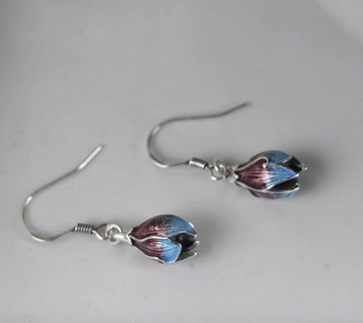 Sterling Silver Lotus Flower Enamel Drop Hook Earrings Dangle Boho Purple - Egret Jewellery