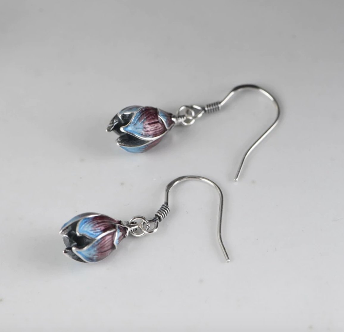 Sterling Silver Lotus Flower Enamel Drop Hook Earrings Dangle Boho Purple - Egret Jewellery