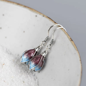 Sterling Silver Lotus Flower Enamel Drop Hook Earrings Dangle Boho Purple - Egret Jewellery