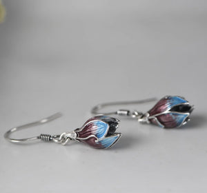 Sterling Silver Lotus Flower Enamel Drop Hook Earrings Dangle Boho Purple - Egret Jewellery